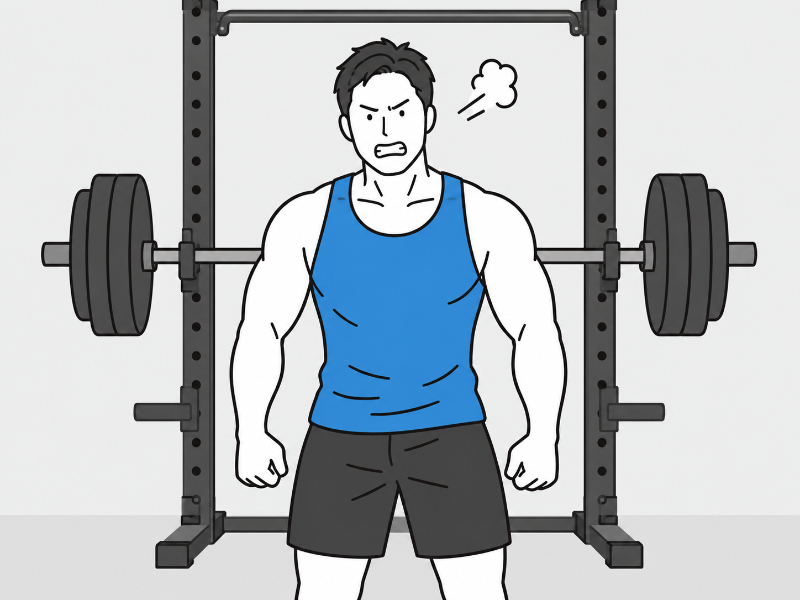 パワーラックの前で怒っている男性のイラスト